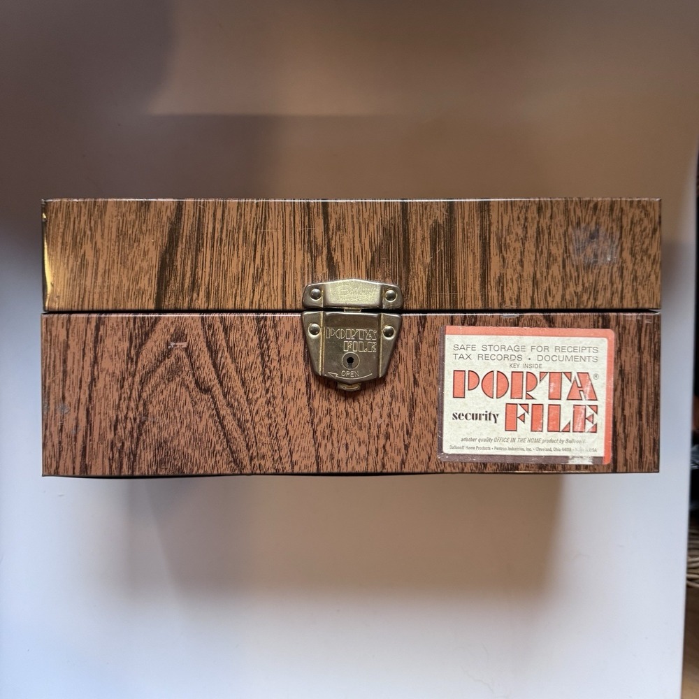 VTG 60s Porta-File Small Mid-Century Metal Box Woodgrain Ballonoff Brass